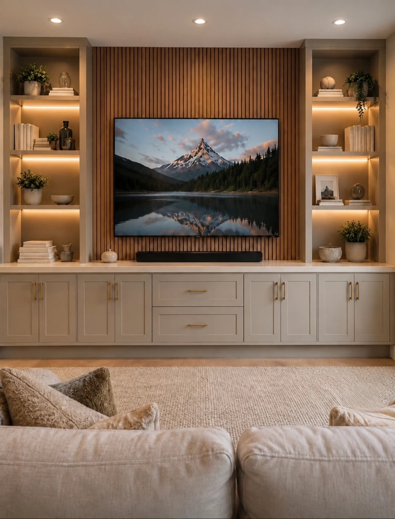 Custom media wall installation by Happy Homes Construction