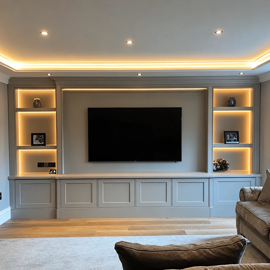 Custom media wall installation by Happy Homes Construction