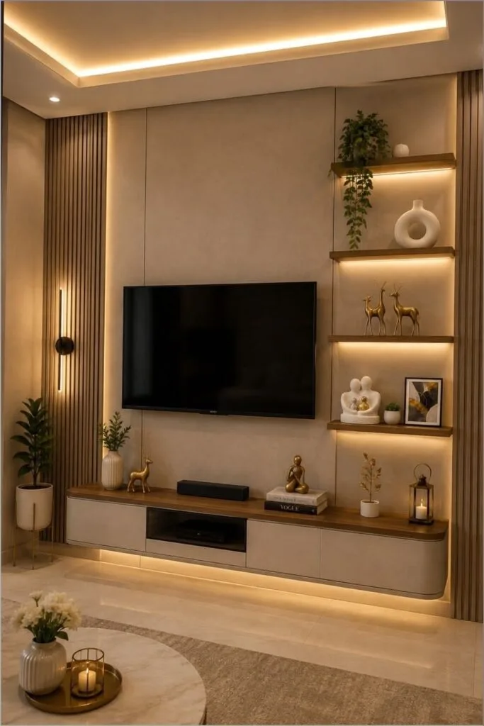 Custom media wall installation by Happy Homes Construction